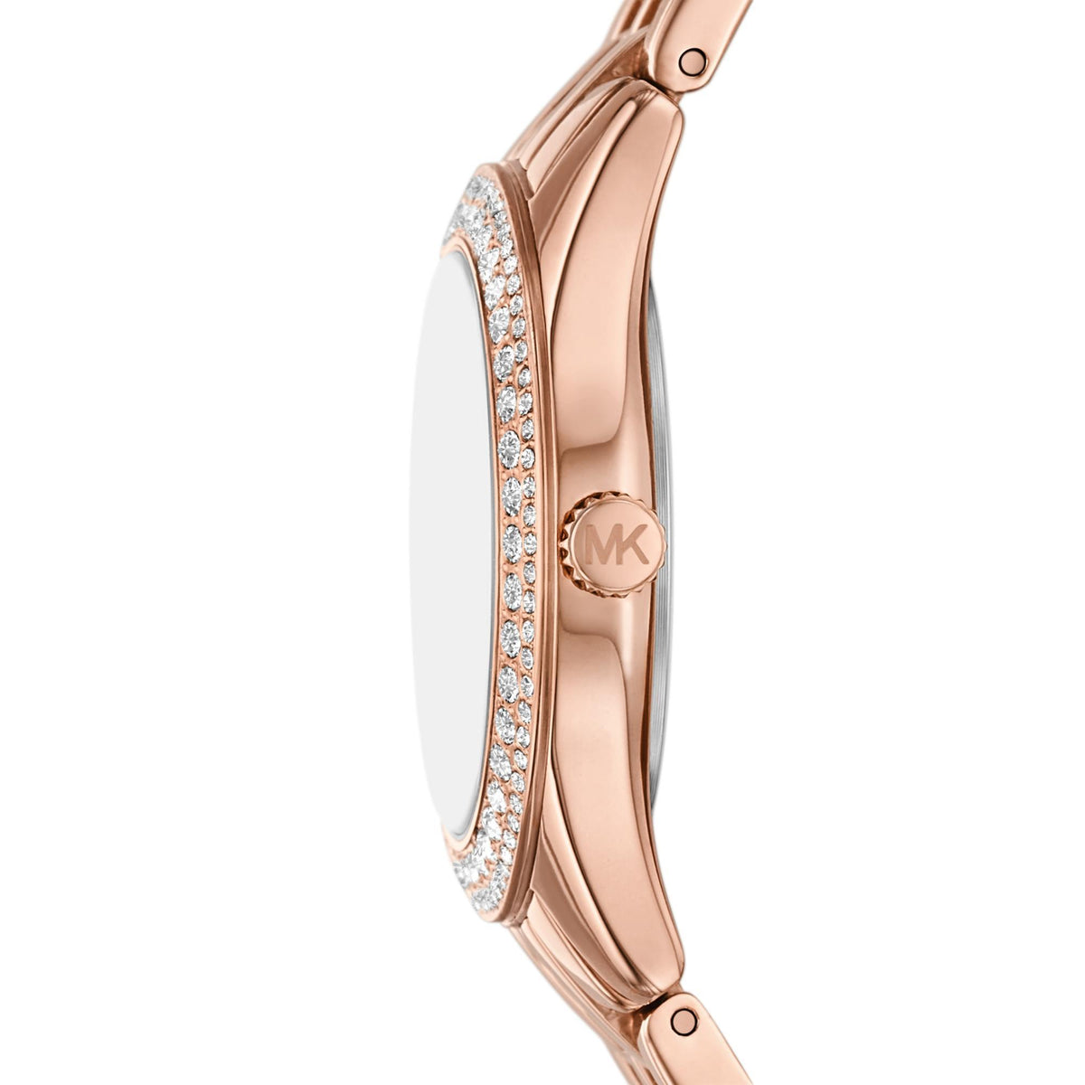 Rose gold-tone Michael Kors quartz watch with sparkling bezel and round mother-of-pearl dial