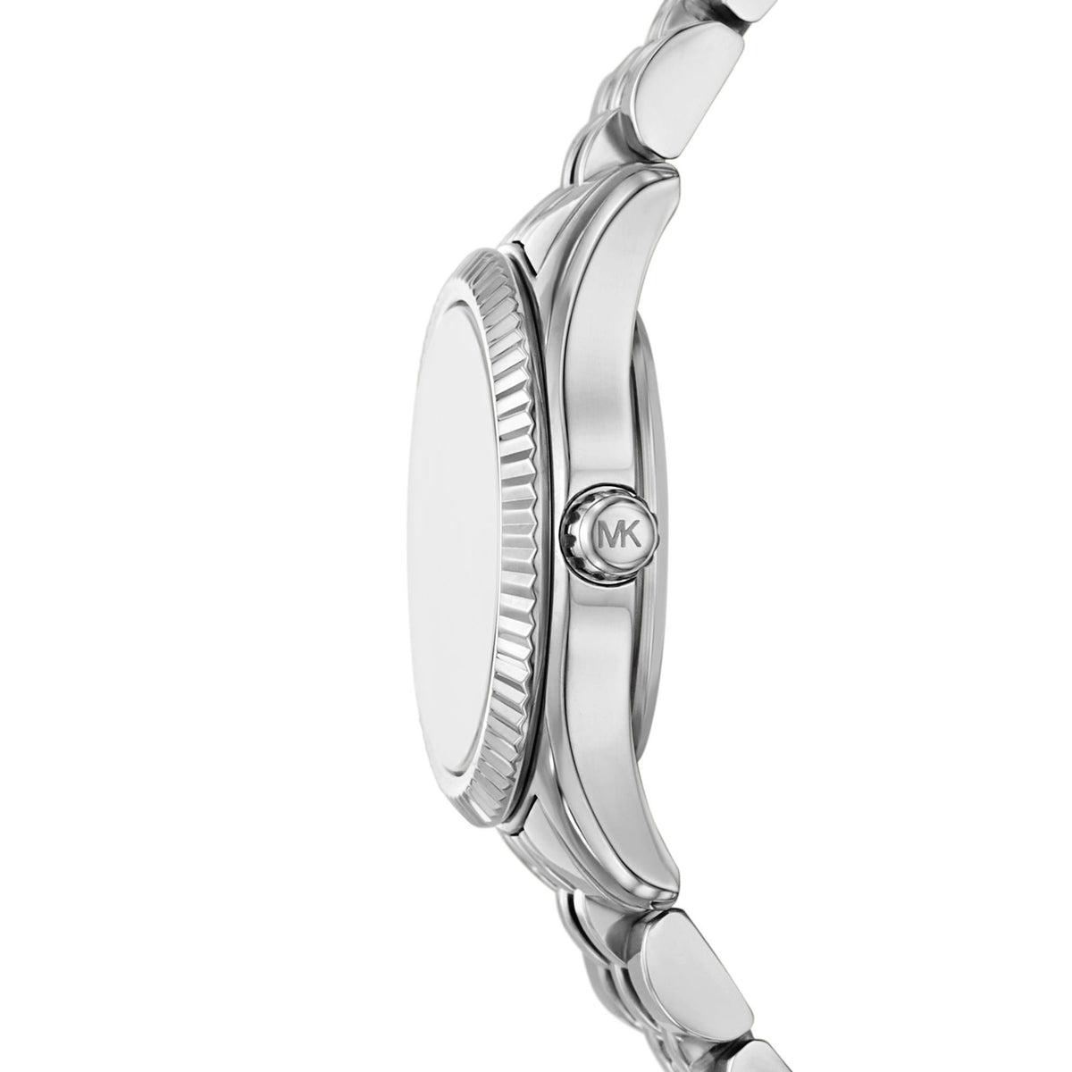 Women's Michael Kors stainless steel watch, side profile with crown and bezel