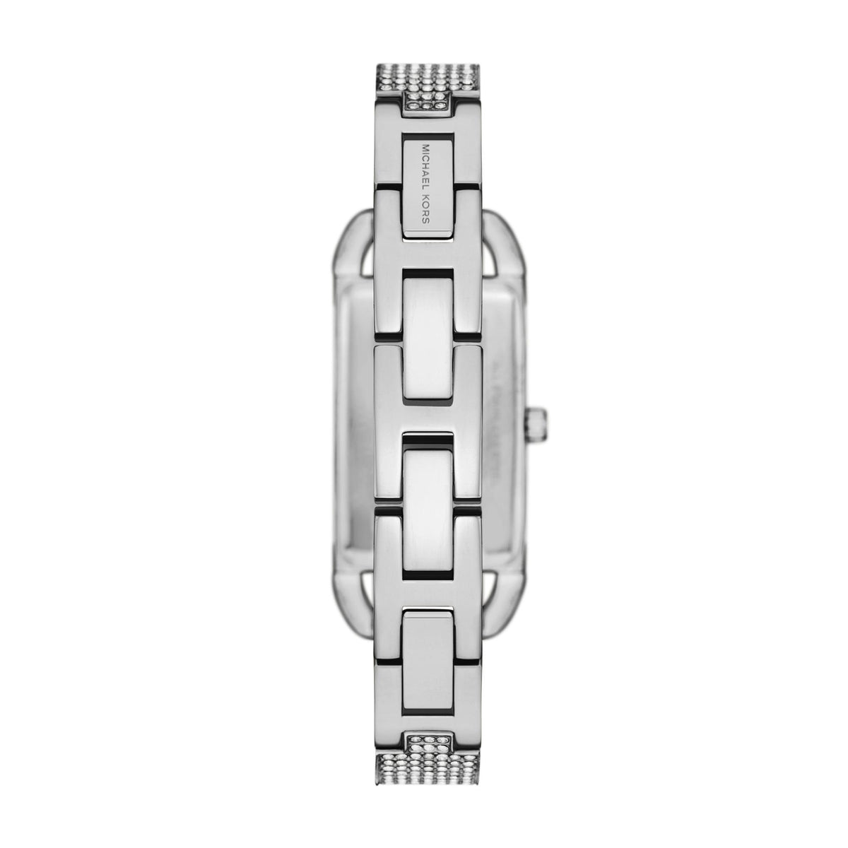 Silver stainless steel women’s watch with rectangular link bracelet and small dial