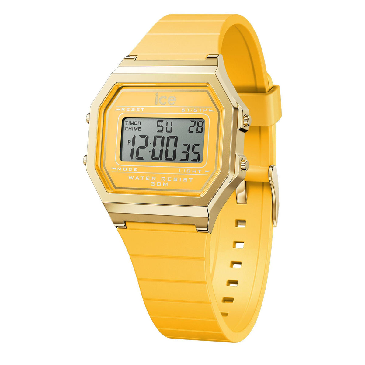 ICE digital ladies watch with light yellow dial, gold-tone octagonal case, silicone strap