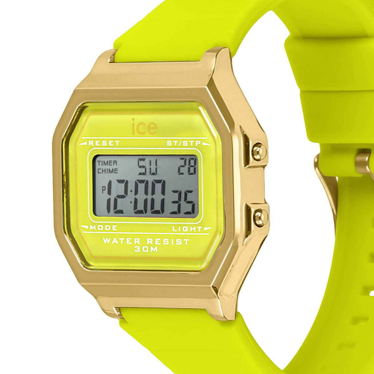 ICE digital watch face with neon yellow LCD, gold-tone case, silicone strap