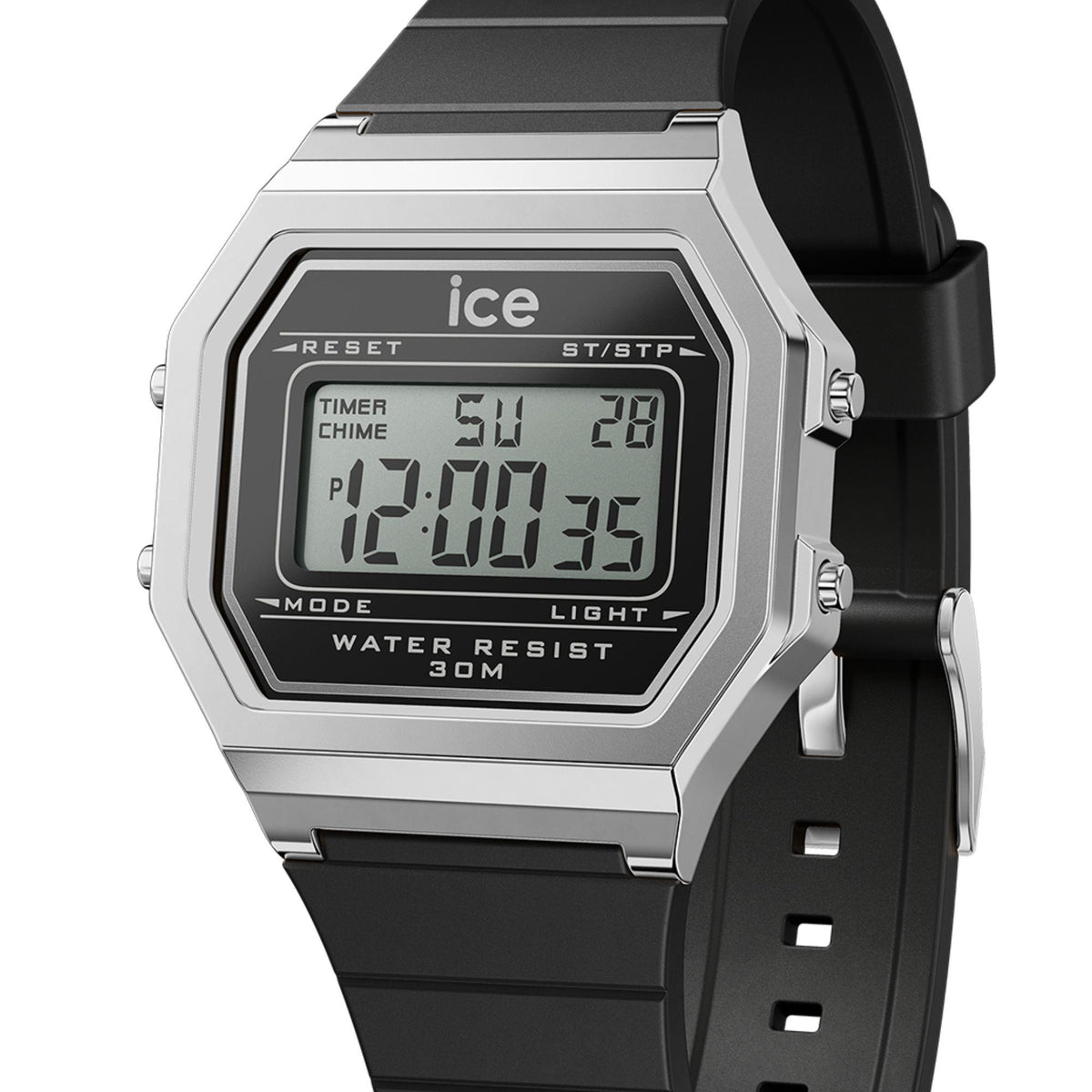 Digital retro watch with black silicone strap and silver case, LCD time display