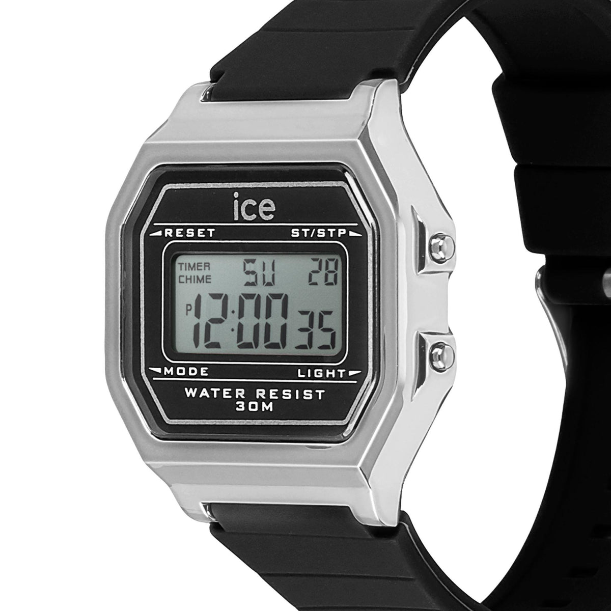 Digital retro watch with black silicone strap and silver case, LCD digits visible