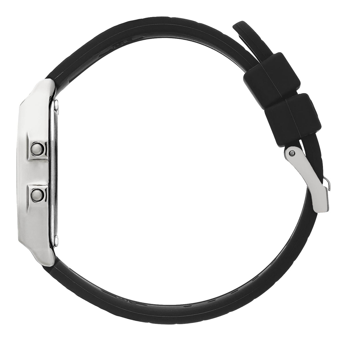 Black silicone watch strap with metal buckle and adjustment holes