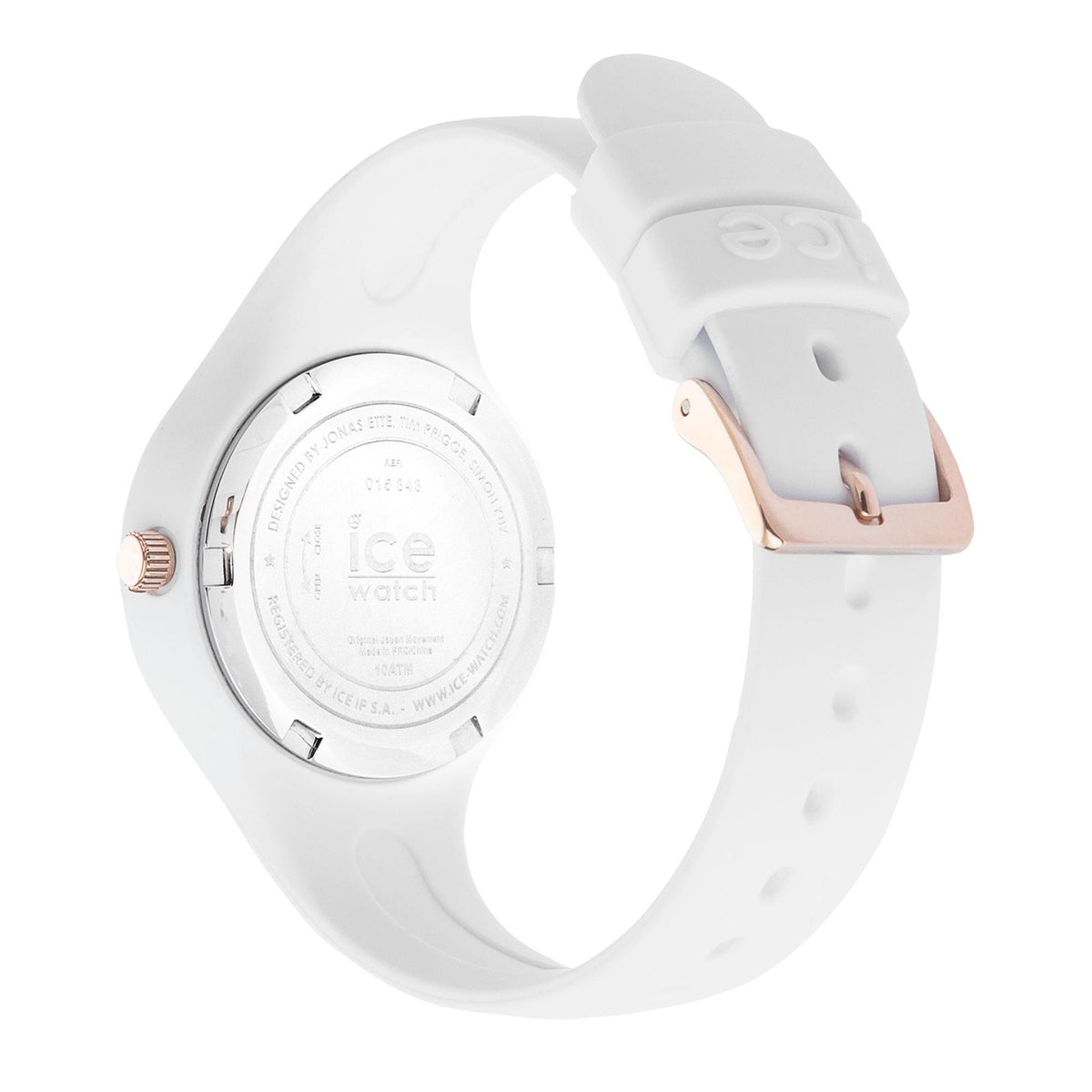 ICE Watch white silicone strap watch, back case view with rose-gold crown