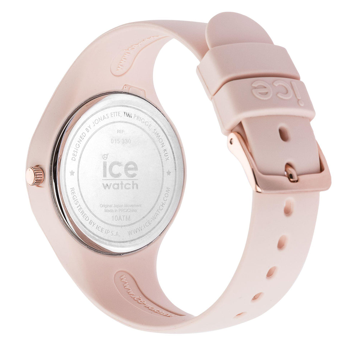 ICE Watch ICE Glam watch reverse side on pink silicone strap, clasp and strap holes.