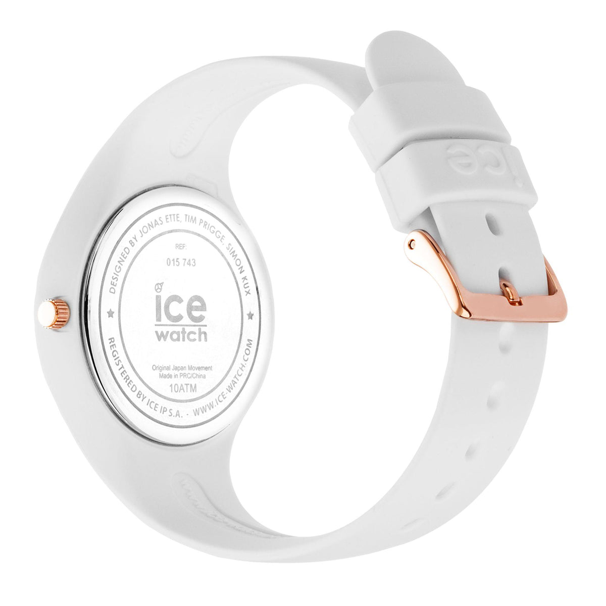 ICE Watch caseback on white silicone strap with rose-gold accent on strap end