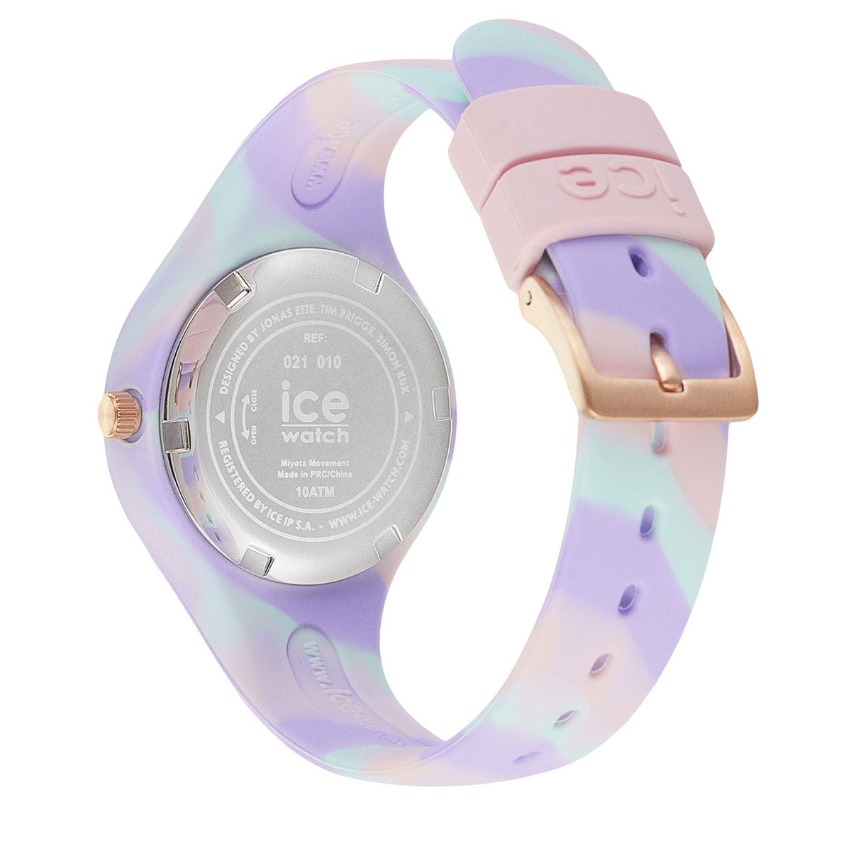 ICE Watch watch case back on iridescent silicone strap with pink buckle