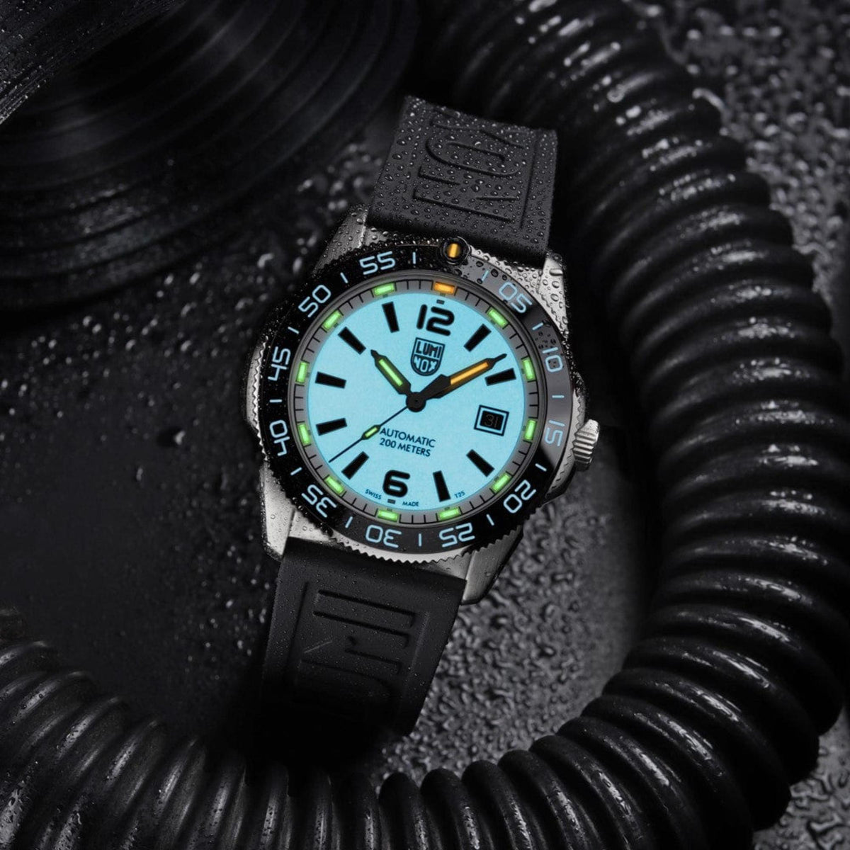 Luminox Pacific Diver automatic men’s watch with glowing blue dial and black rubber strap
