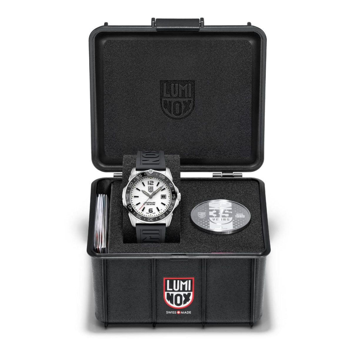 Luminox Pacific Diver automatic watch shown in a black presentation box with open case