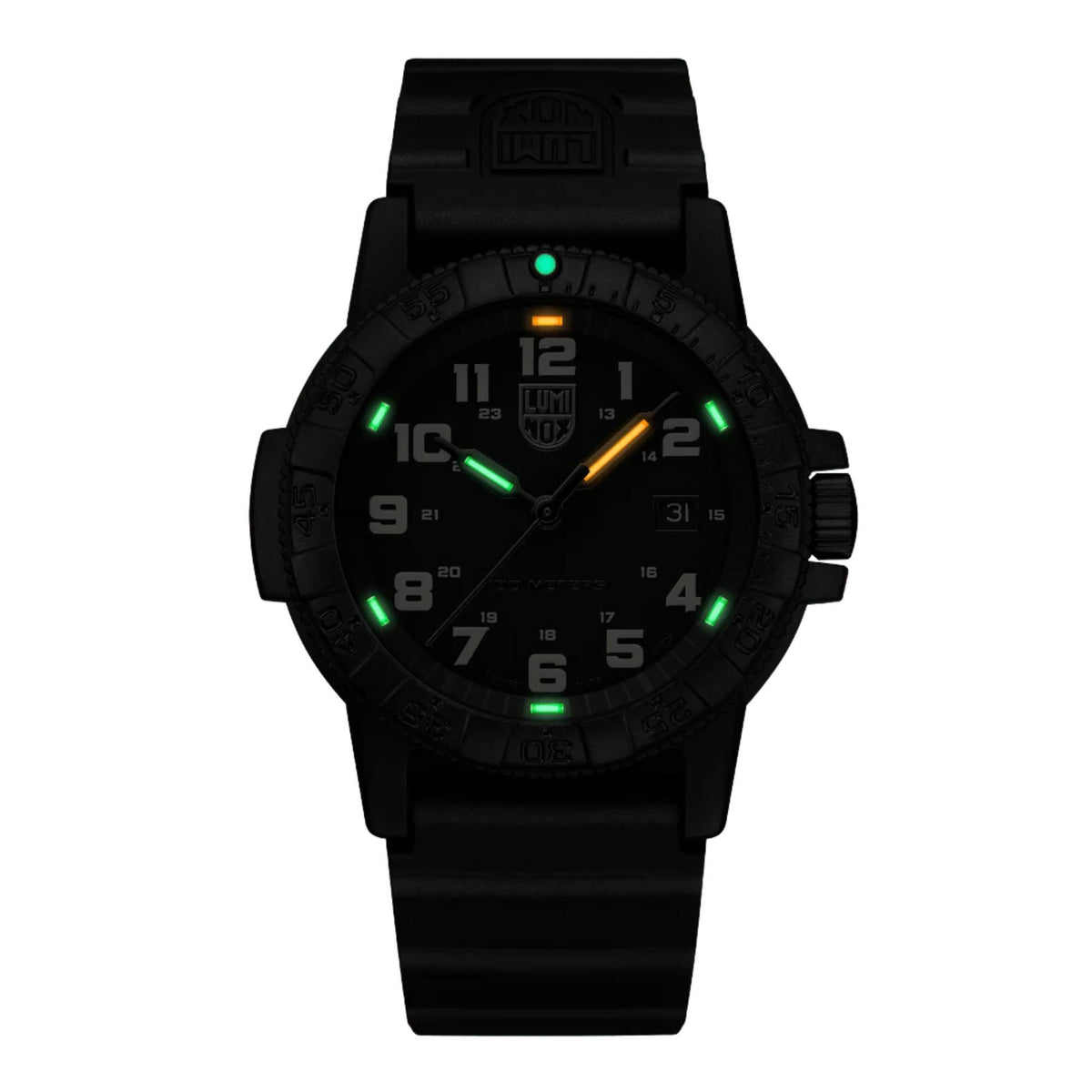 Black Luminox rubber quartz watch with black dial and glowing green accents