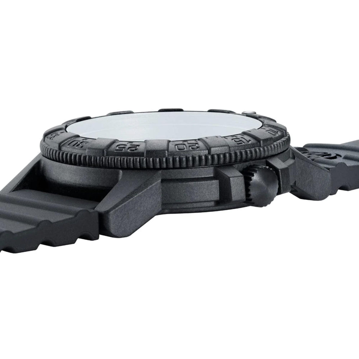 Black watch case and crown on a rubber strap, side view