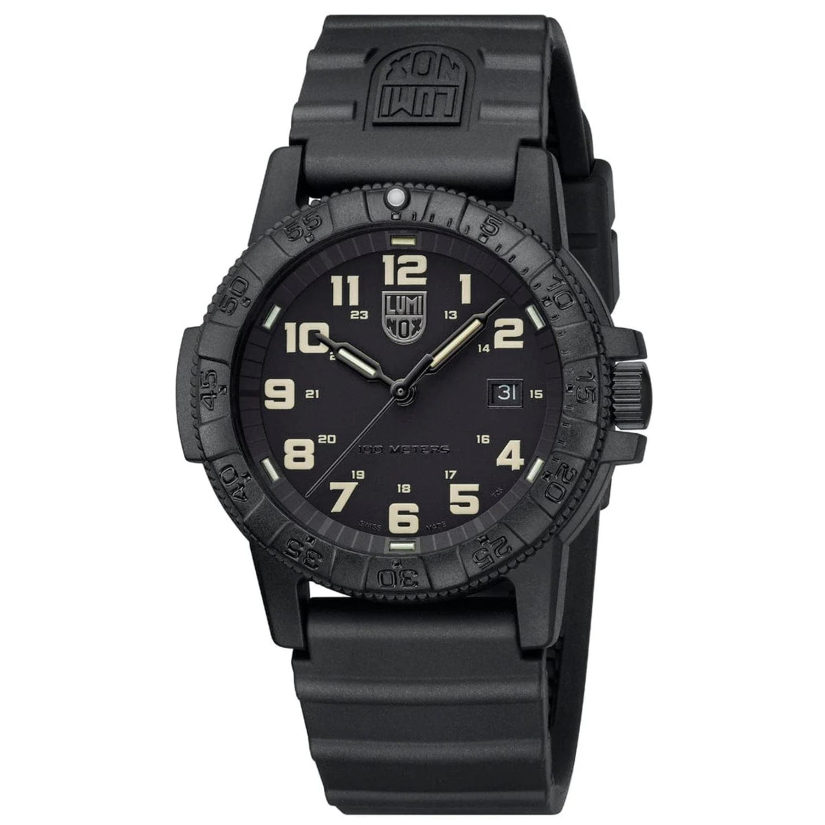 Black Luminox rubber quartz watch with black dial and date window