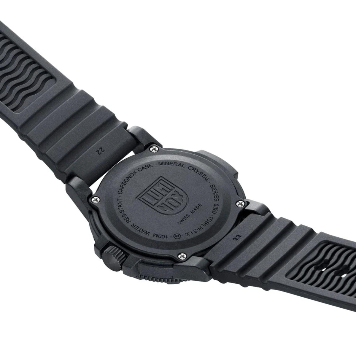 Black rubber watch strap with textured caseback and engraved emblem