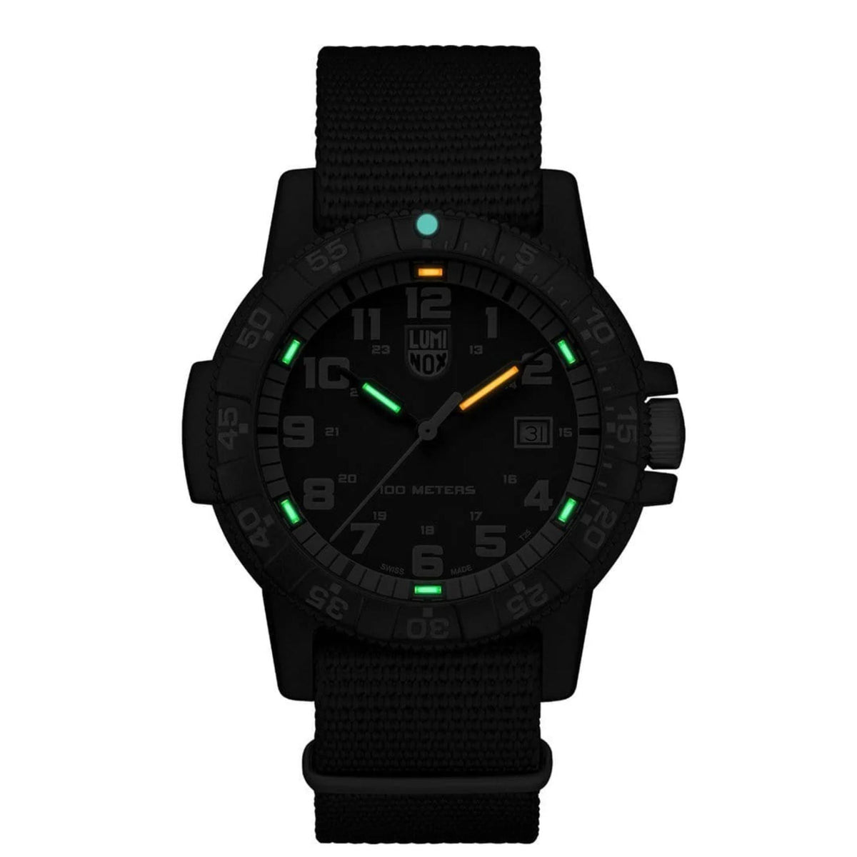 Dark-condition view displaying the self-powered tritium tube night illumination on the Luminox Leatherback Sea Turtle XS.0333 watch face