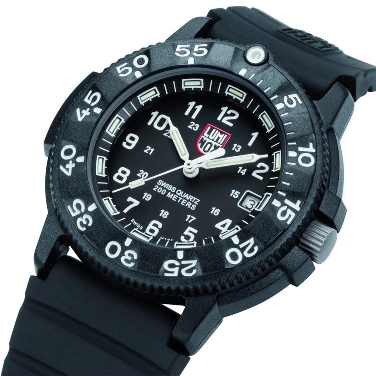 Luminox Navy Seal black dial rubber quartz watch, angled view of bezel and strap