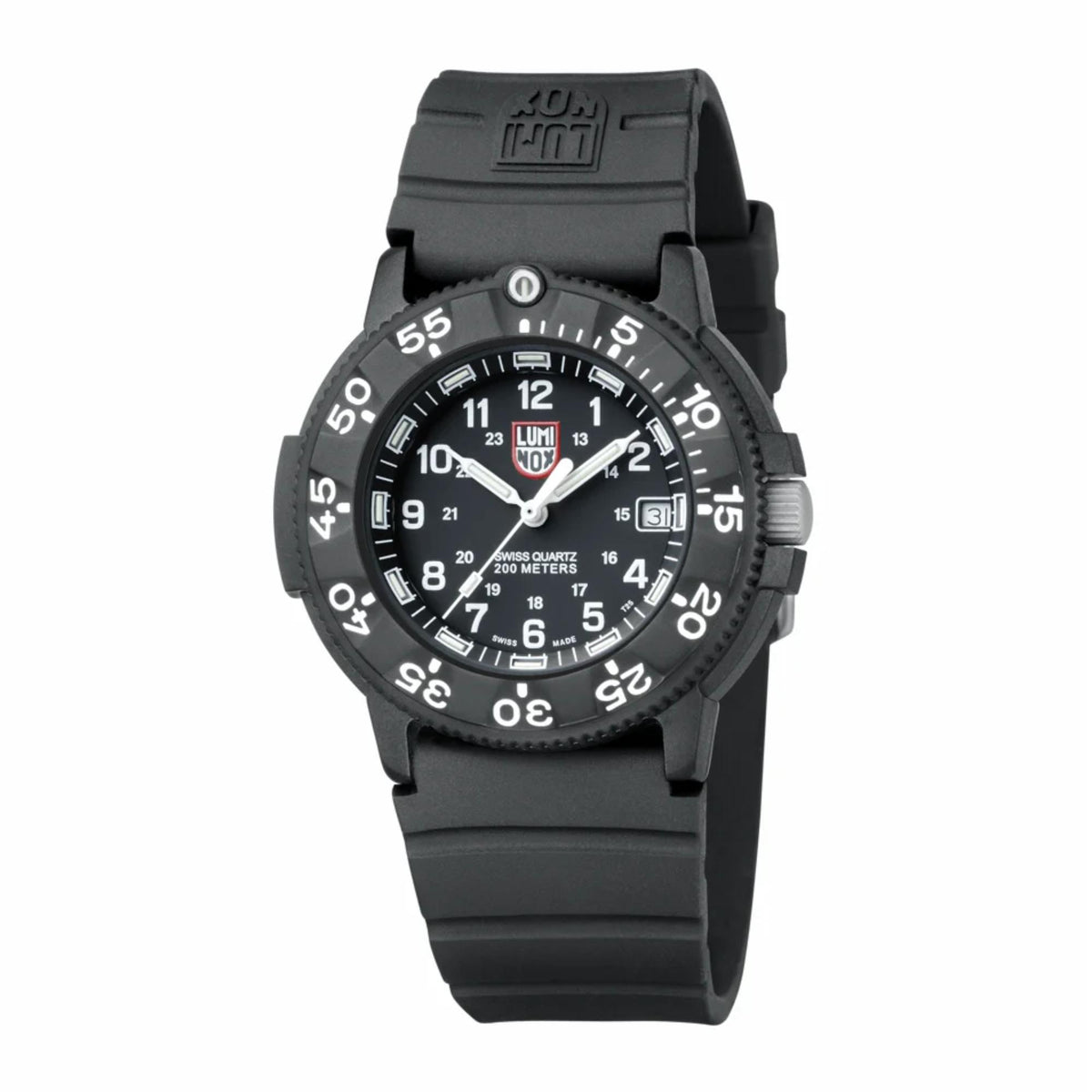 Luminox Navy Seal black dial rubber quartz watch, front view with black silicone strap