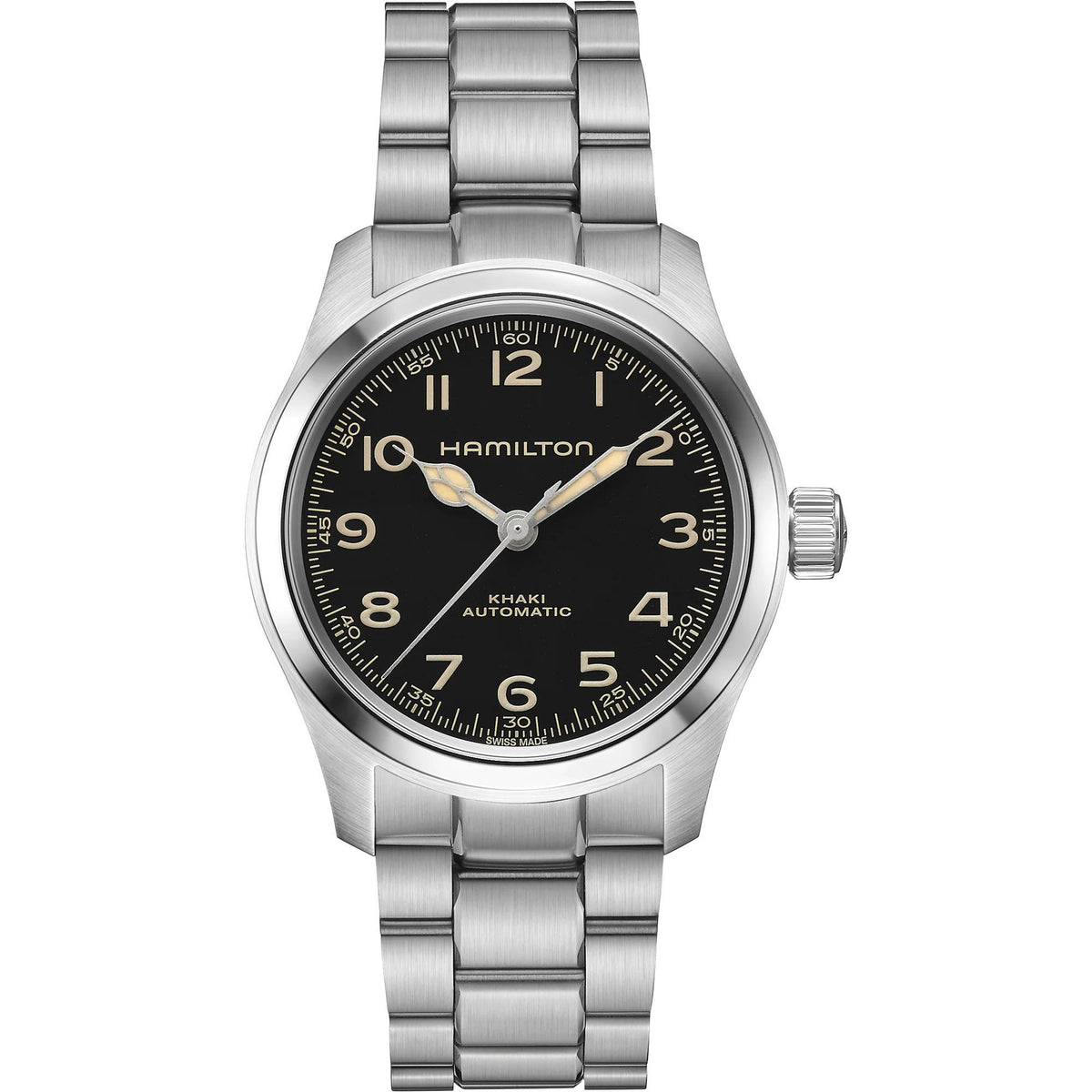 Hamilton Khaki Field Murph H70405130 38mm automatic mens watch front view with black dial and steel bracelet