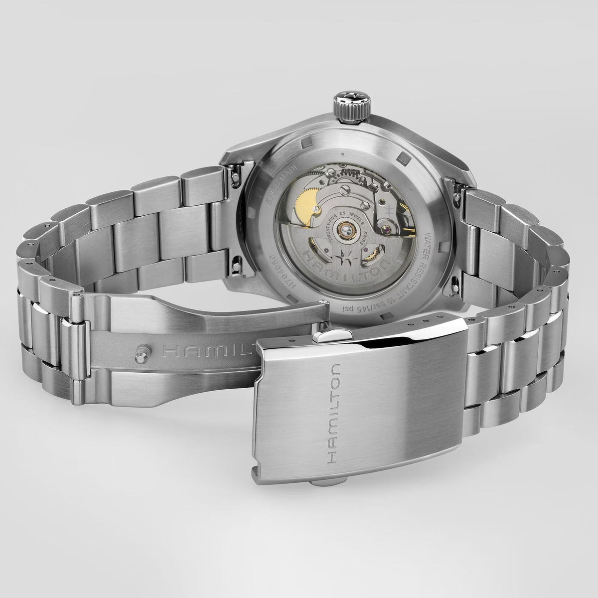 Hamilton Khaki Field Murph H70405130 watch back view displaying open exhibition case back and steel folding clasp