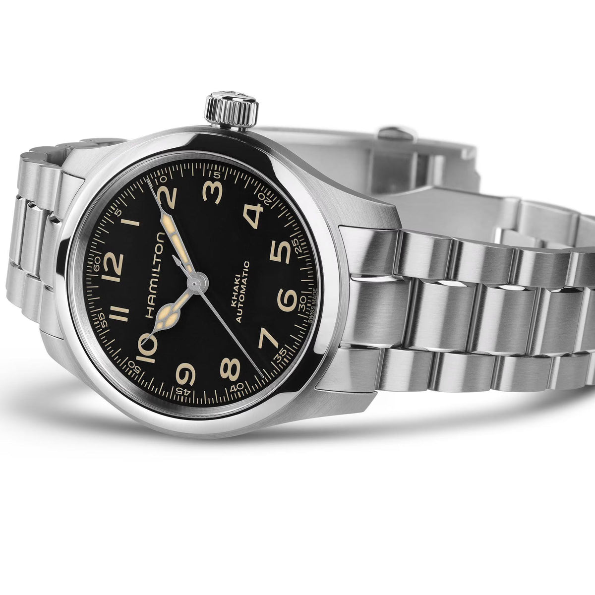 Hamilton Khaki Field Murph H70405130 watch studio angle view displaying black dial and brushed steel link bracelet