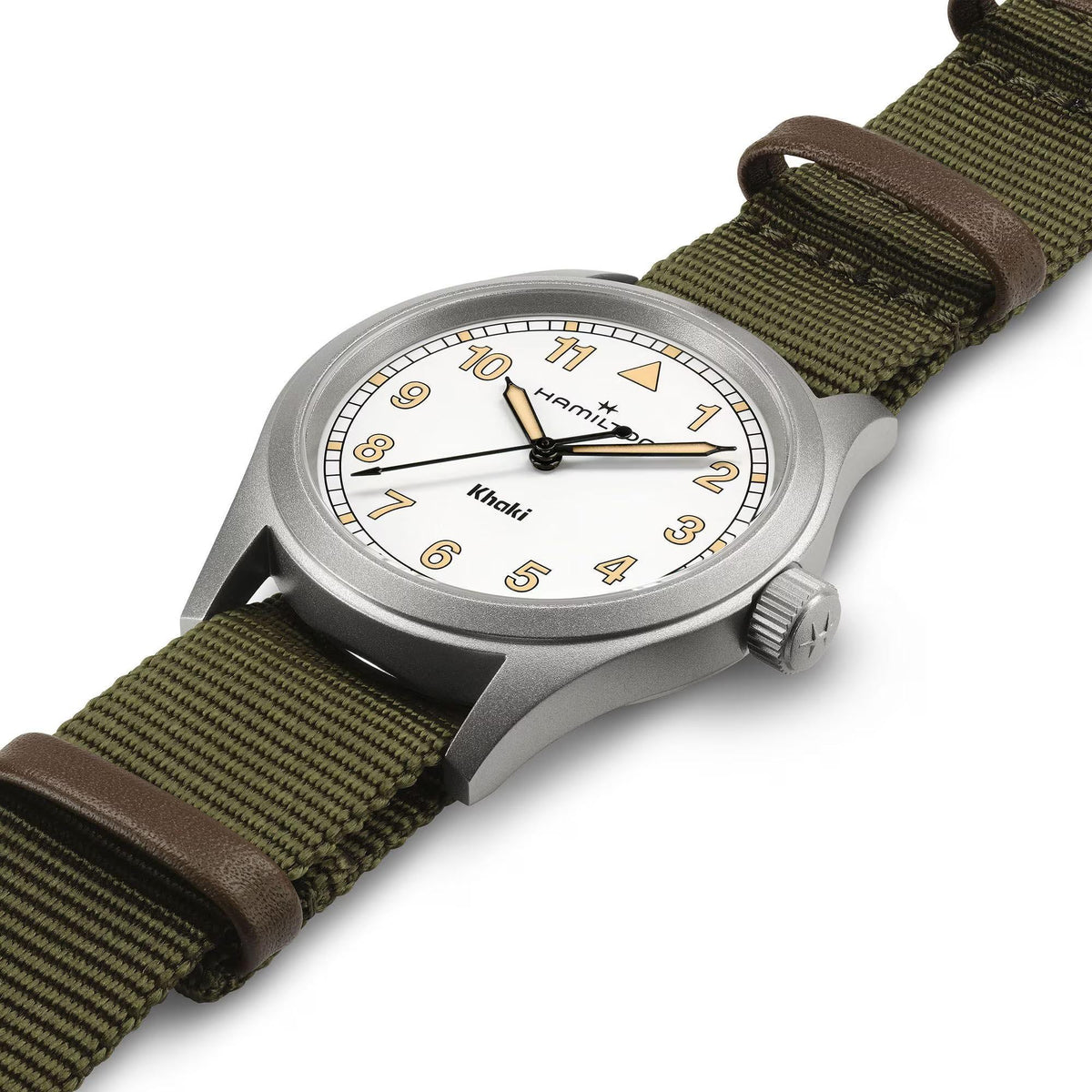 Hamilton Khaki Field H69401910 38mm watch close-up detail highlighting white dial with beige Arabic numerals and dark hands
