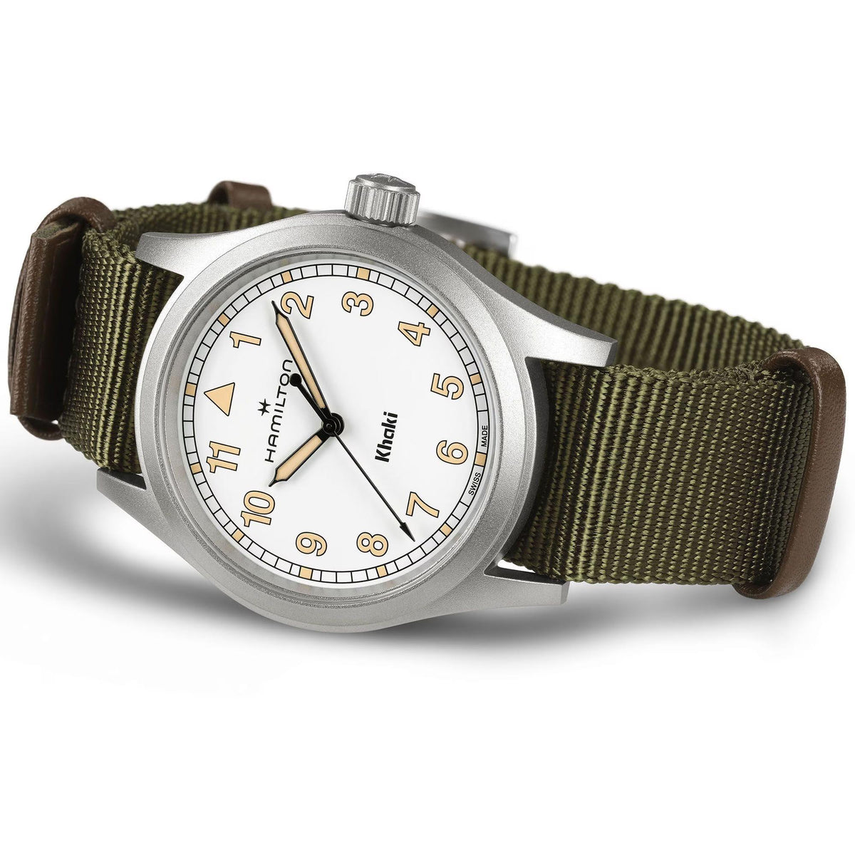 Hamilton Khaki Field H69401910 mens watch angled perspective displaying white dial, stainless steel case, and green NATO strap