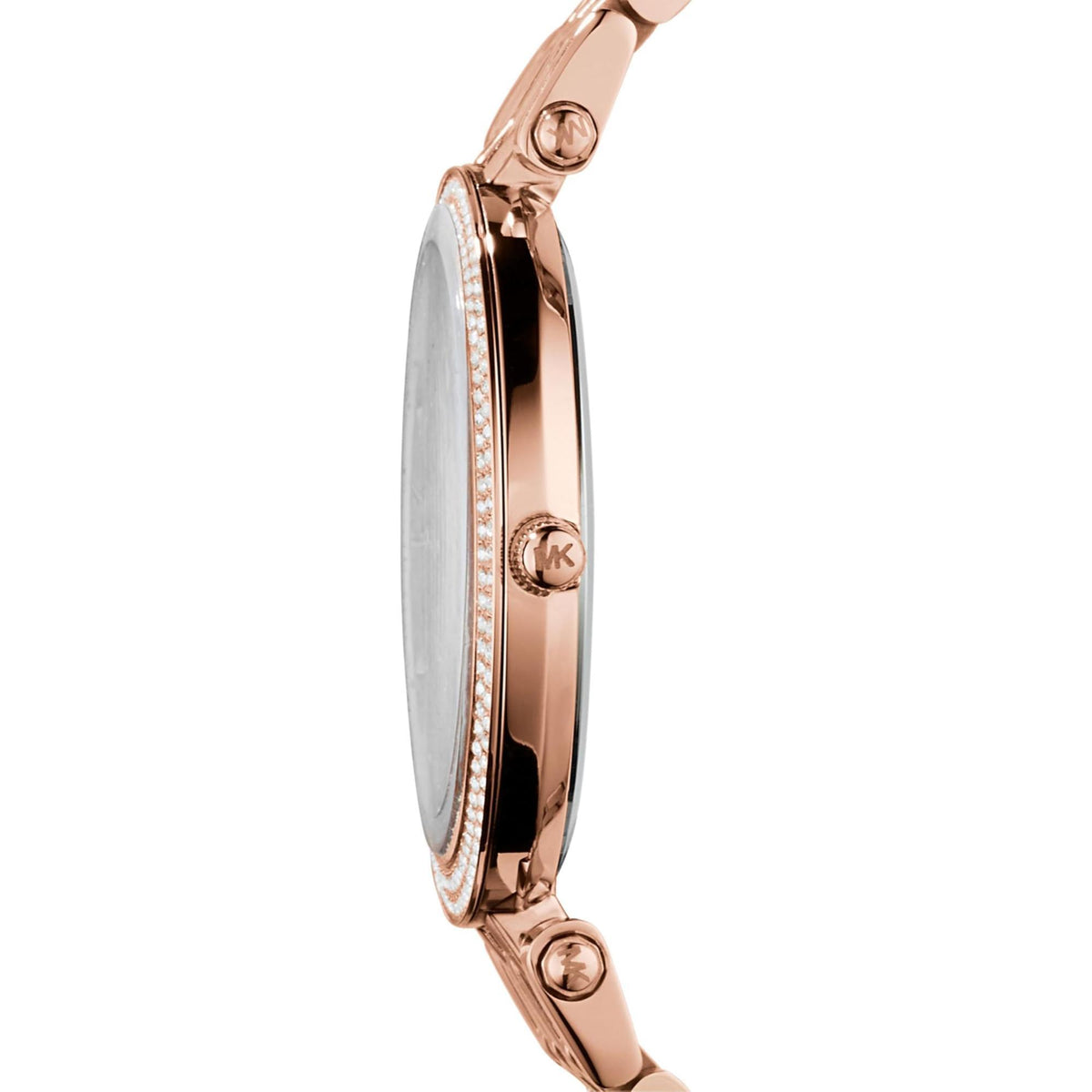 Women’s rose-gold watch case with steel link strap and crown detail