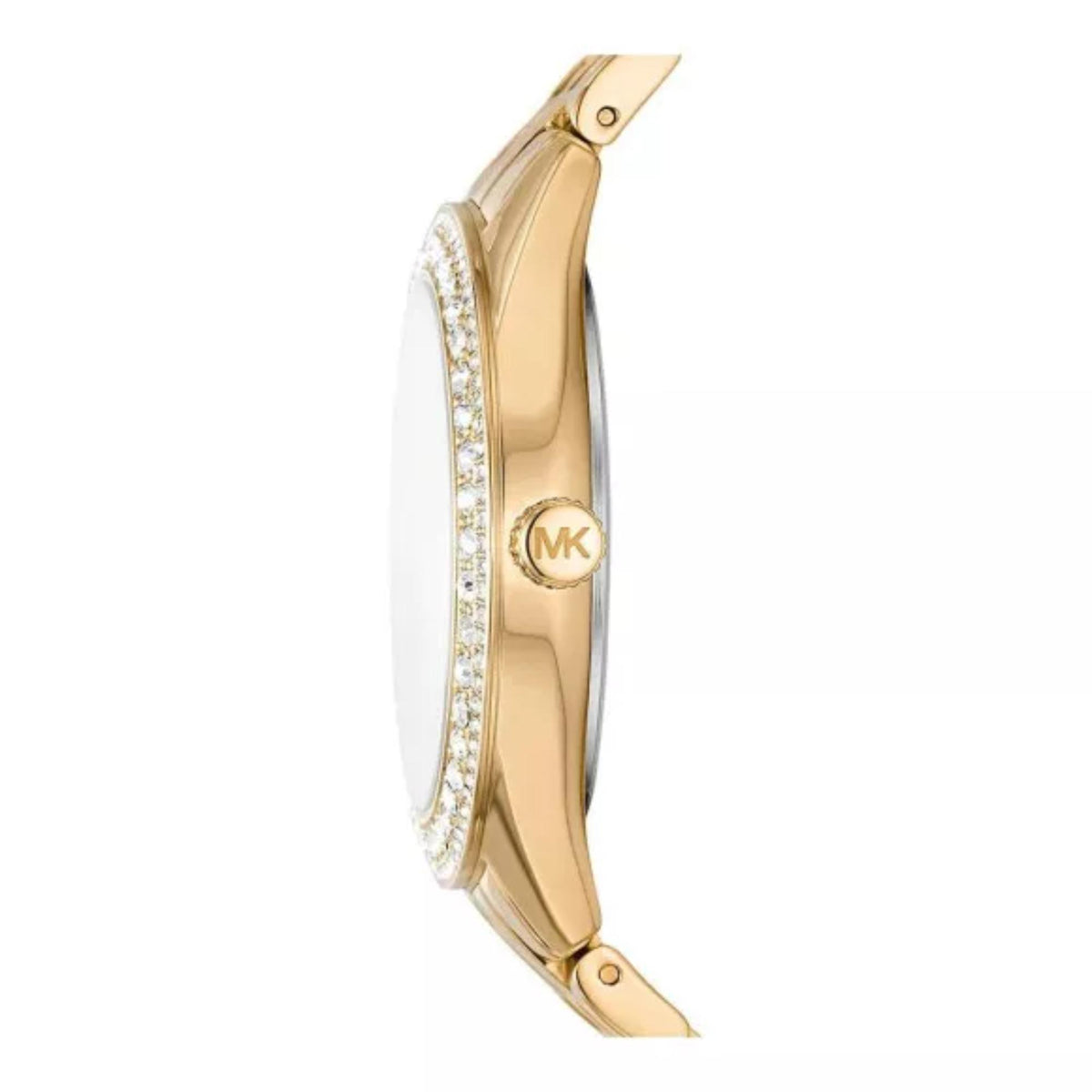 Gold-tone watch profile with crystal trim along bezel and round crown