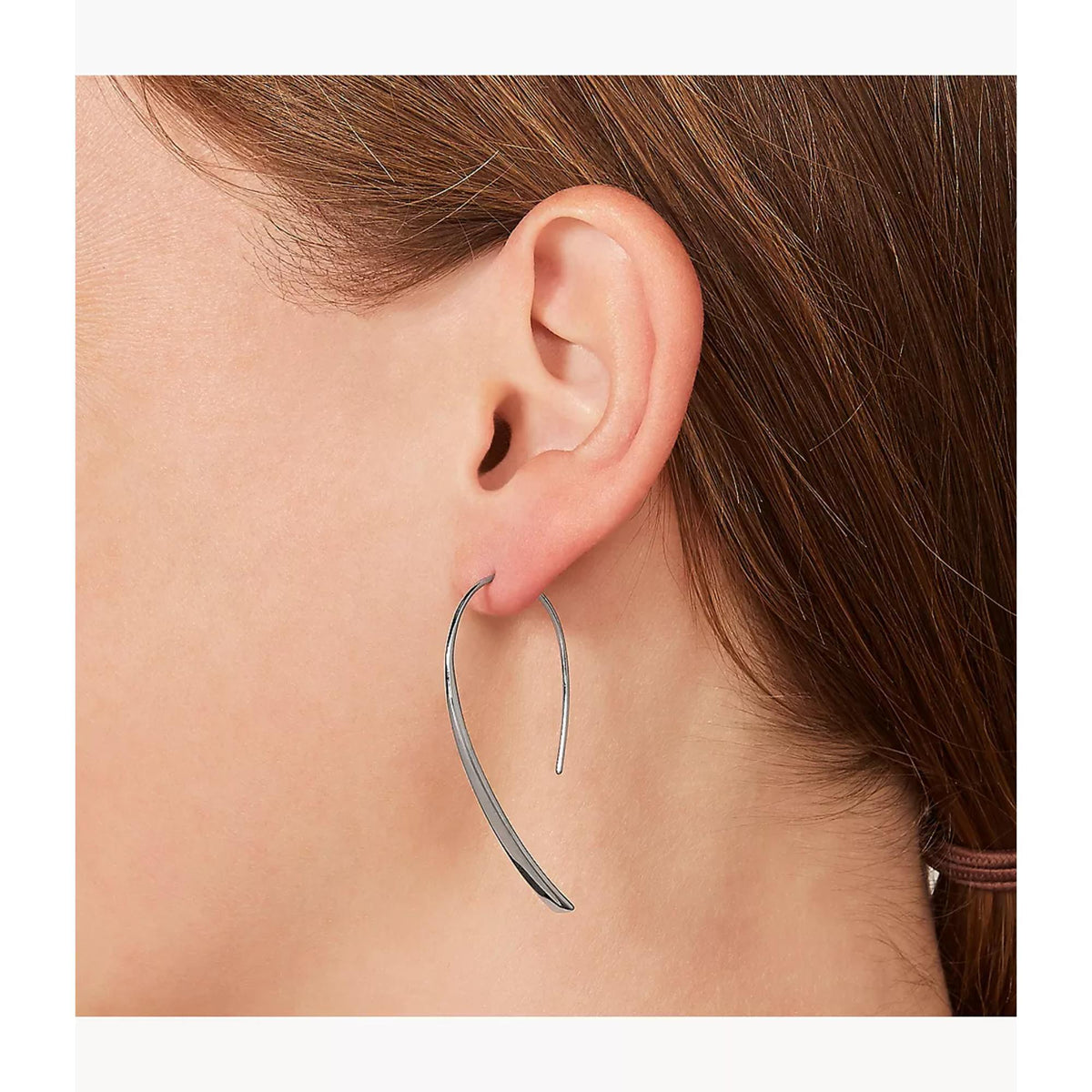 Bevel hoop earrings on a model, curved metal loop with pointed lower end