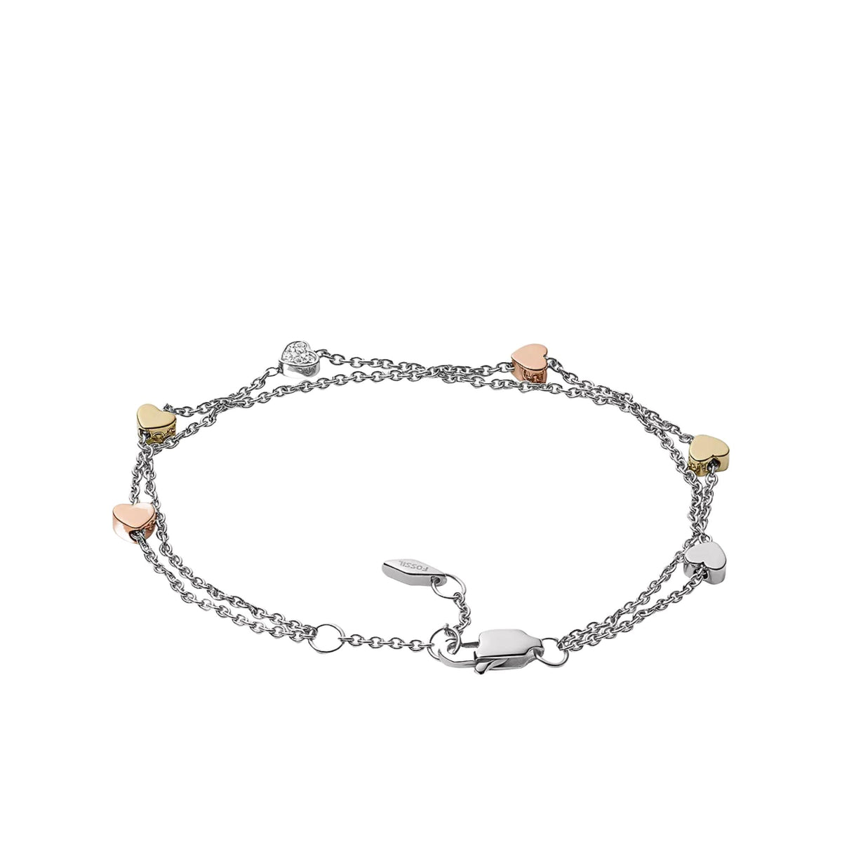 Tri-tone stainless steel double-chain bracelet with heart and oval charms