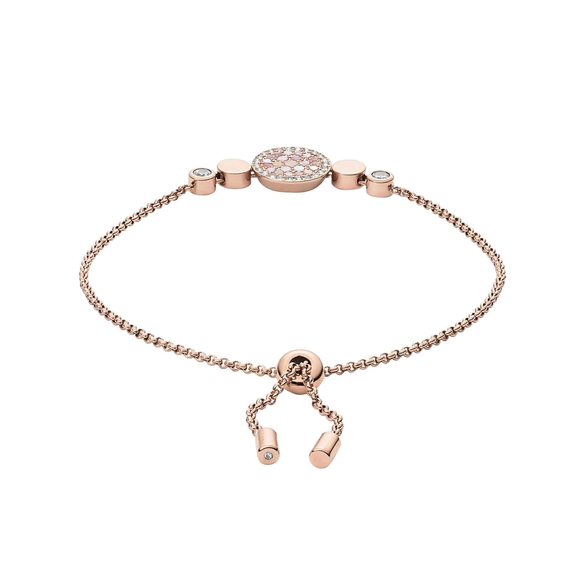 Rose gold-tone women’s bracelet with round mother-of-pearl center disc and extender links