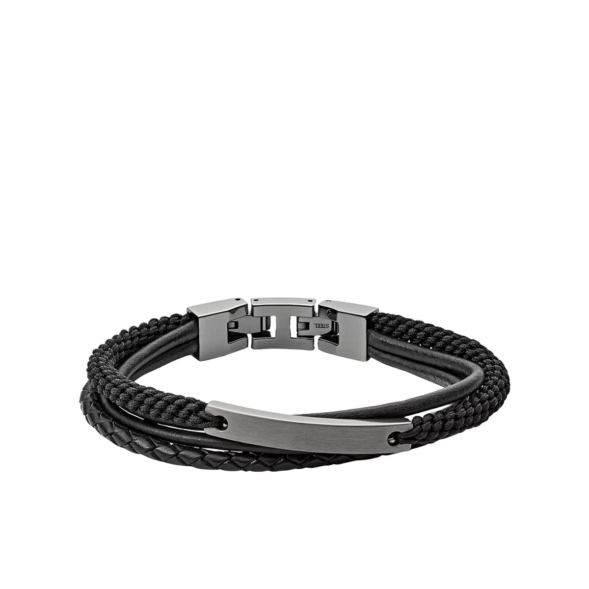 Men's multi-strand braided bracelet with black cord and silver-tone Fossil clasp