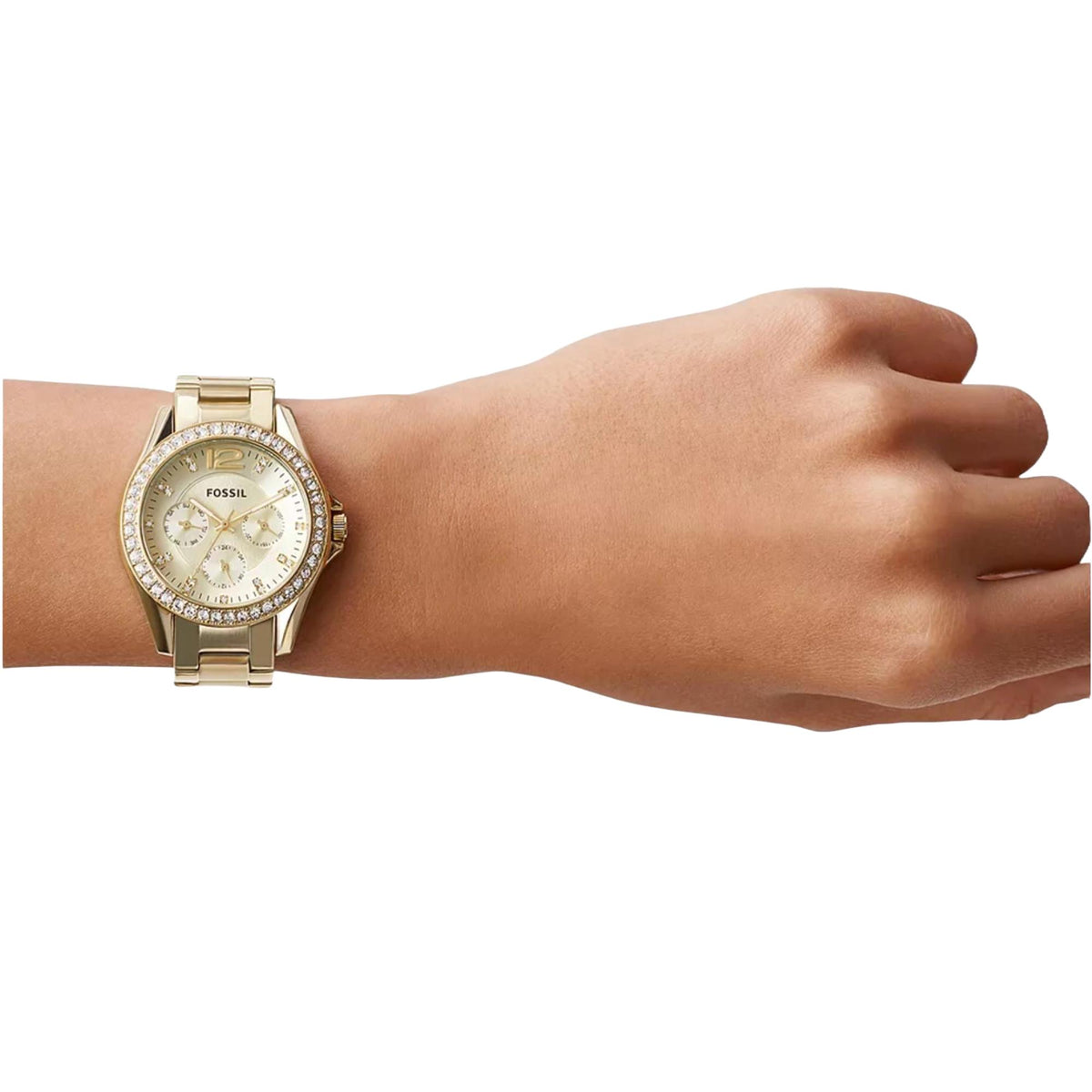 Overhead model shot of the Fossil Riley ES3203 ladies watch featuring a gold-plated case, crystal bezel, and champagne display