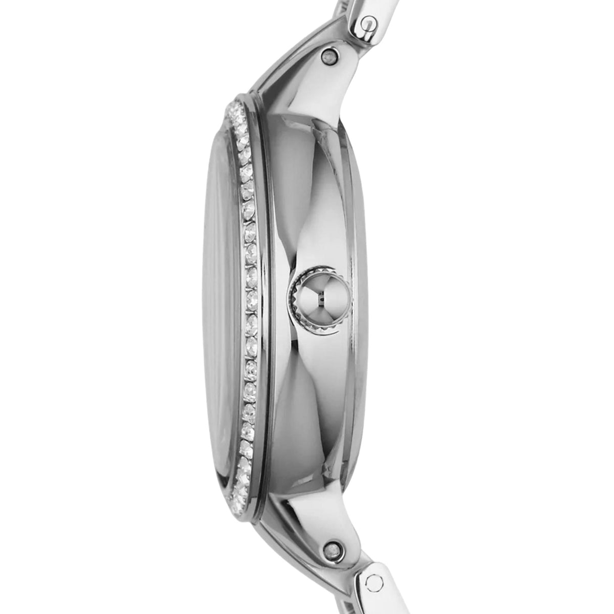 Side profile view of the Fossil Virginia ES3282 watch case showing the crystal-embellished bezel edge and setting crown