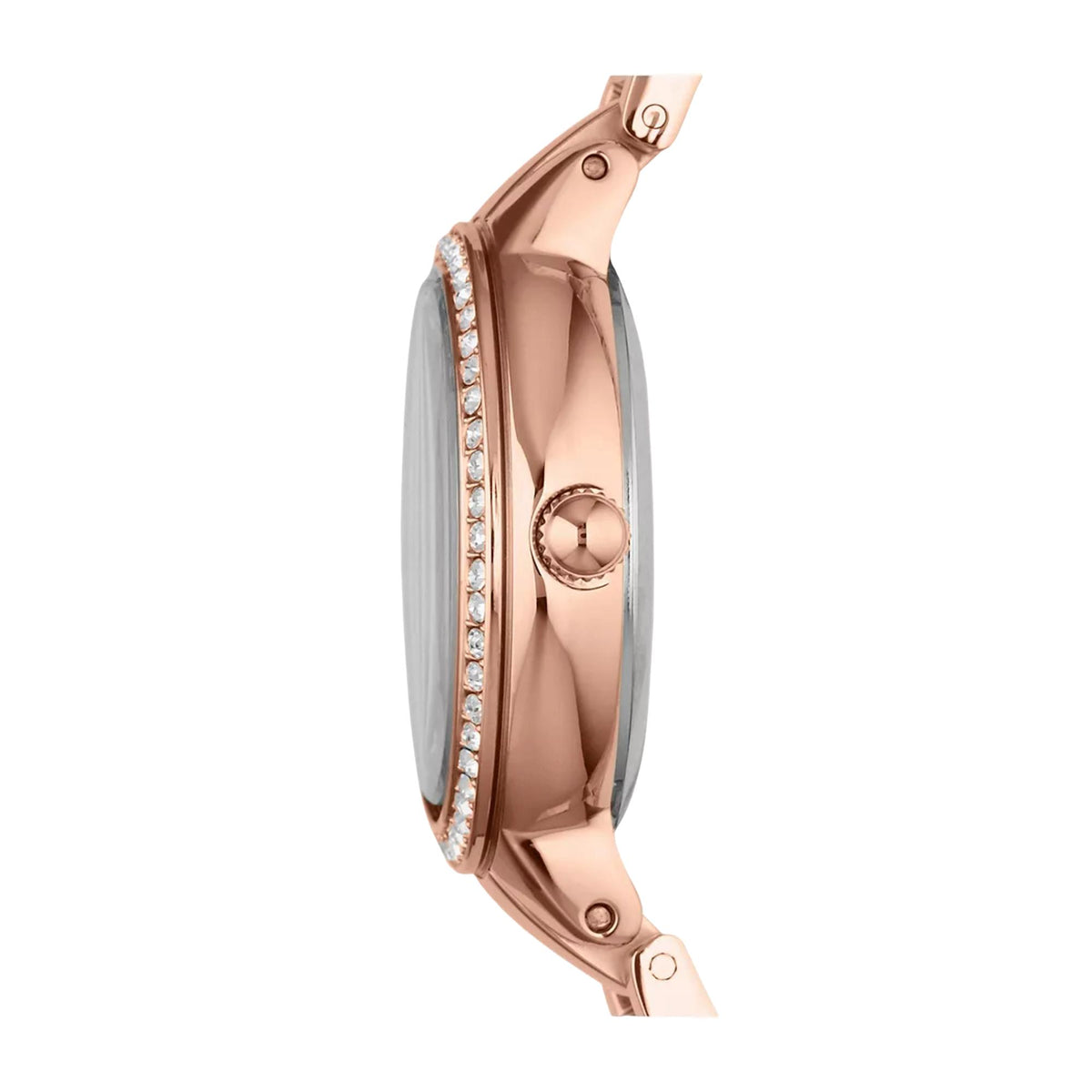 Rose gold-tone ladies quartz watch with white dial and jeweled bezel