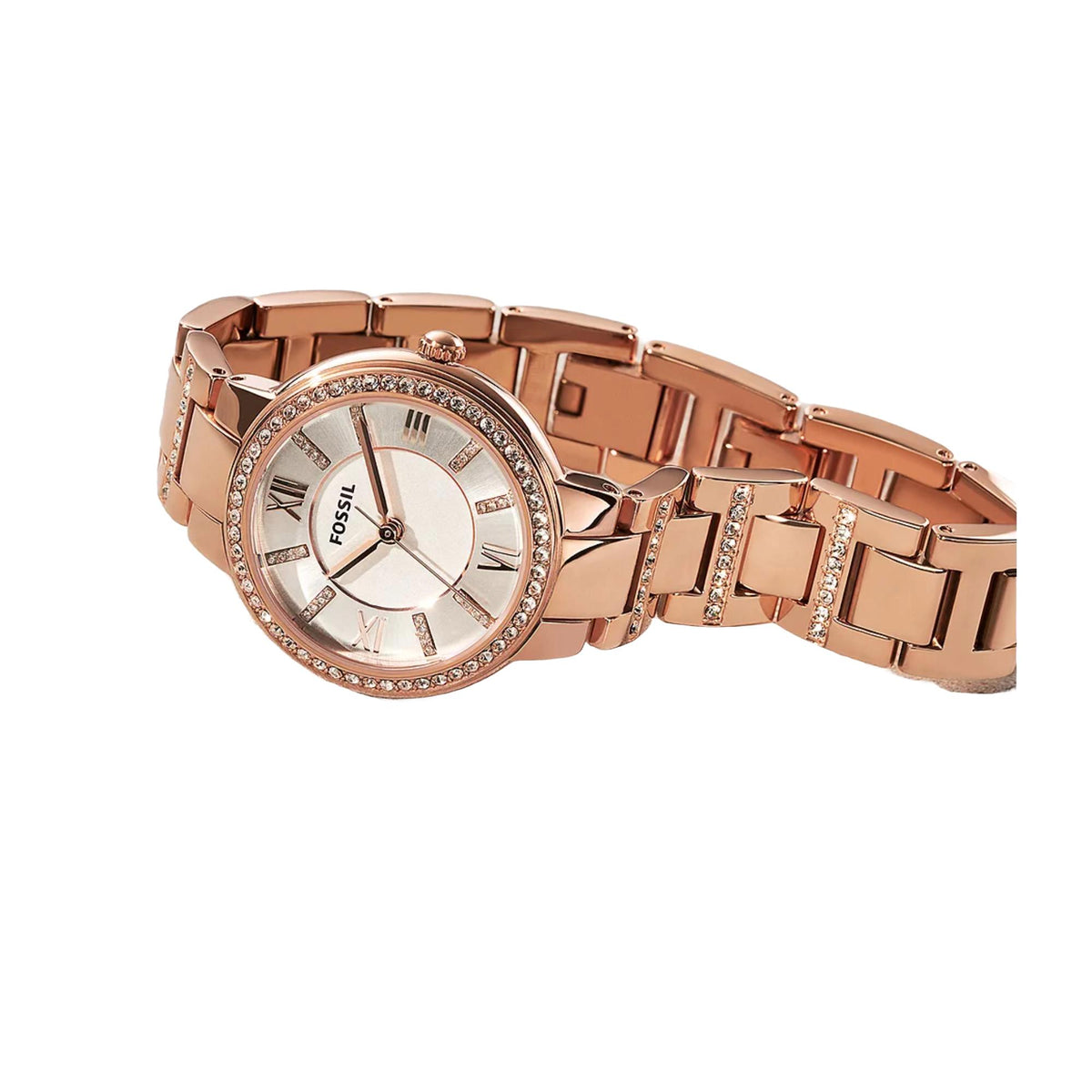 Rose gold-tone watch with white dial, crystal accents, and link bracelet