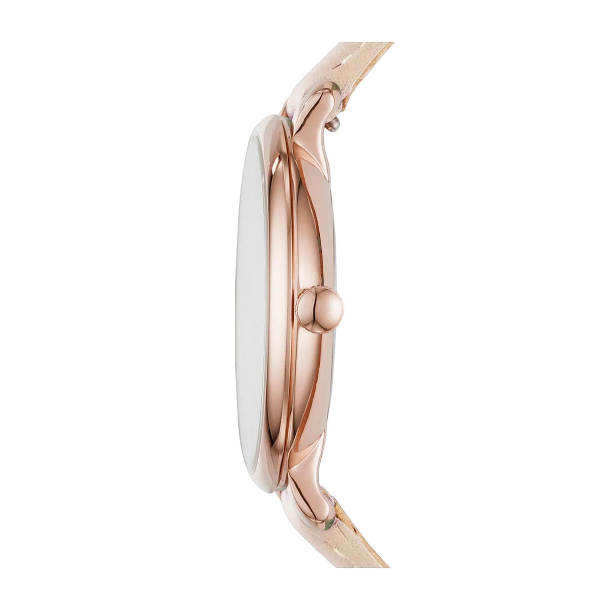 Side angle of the Fossil Jacqueline ES3988 watch showcasing the slim rose gold-tone case profile and smooth winding crown