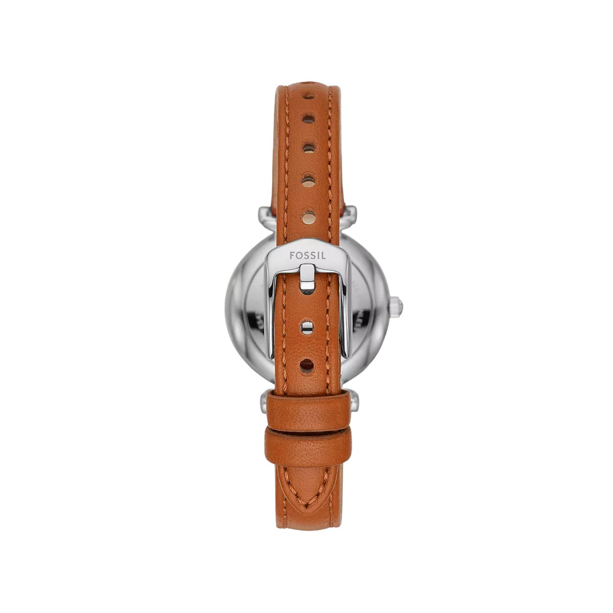 Fossil Carlie Mini ES4701 back view displaying leather strap buckle and case back