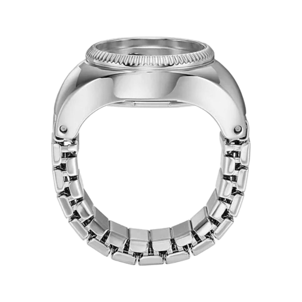 Silver-tone ring watch with ridged bezel and white dial