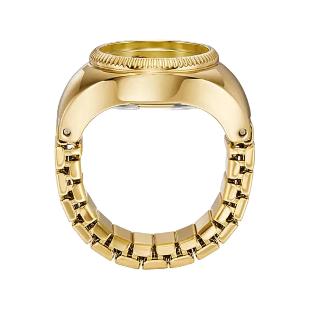Gold-tone steel quartz ring watch, open circular band with ridged top bezel