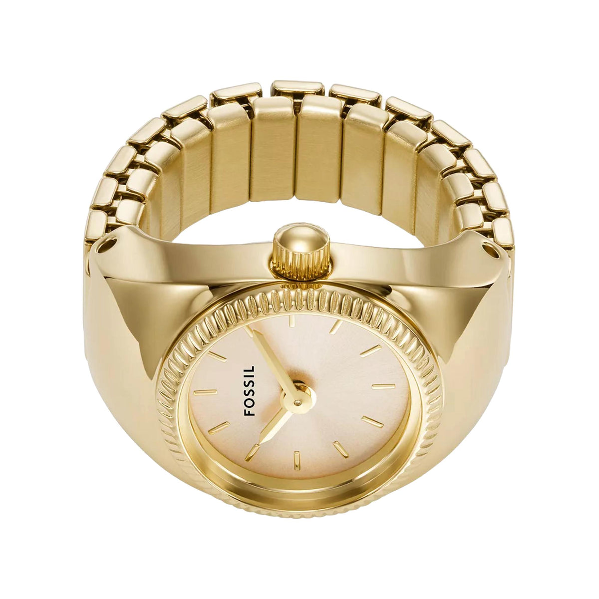 Gold-tone steel quartz ring watch with round cream dial and link bracelet band