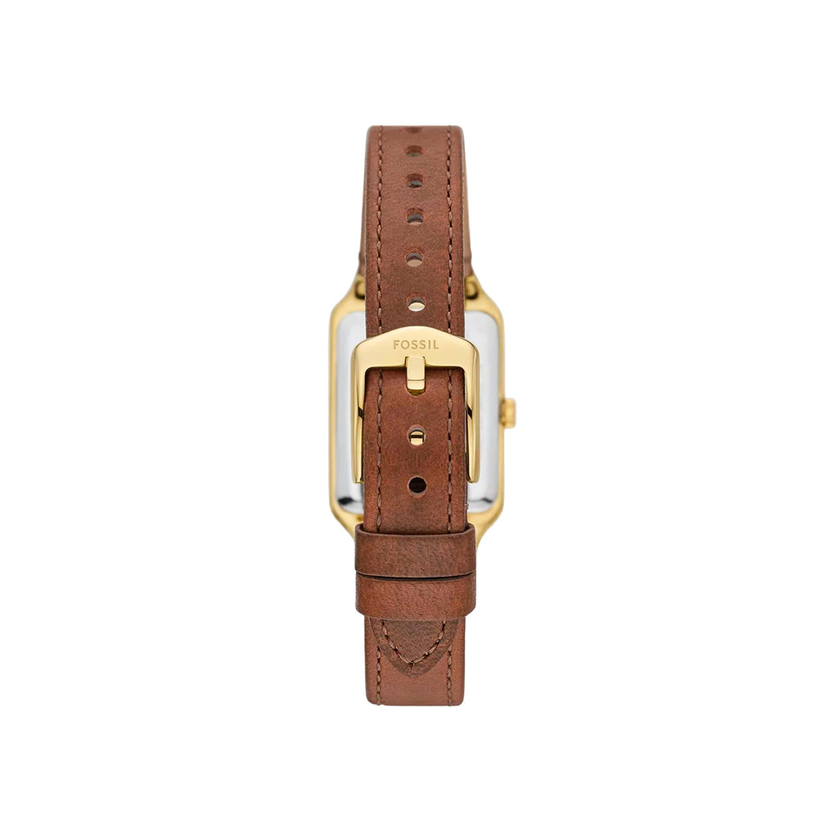 Fossil Raquel ES5303 rear view displaying leather strap buckle closure and engraved case back