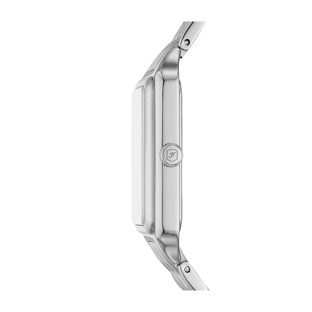 Fossil Raquel ES5306 side profile highlighting steel case body and fluted crown detail