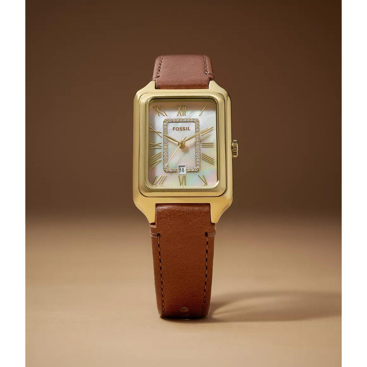 Fossil Raquel ES5307 close-up view of white mother of pearl dial with Roman numerals and crystal bezel frame