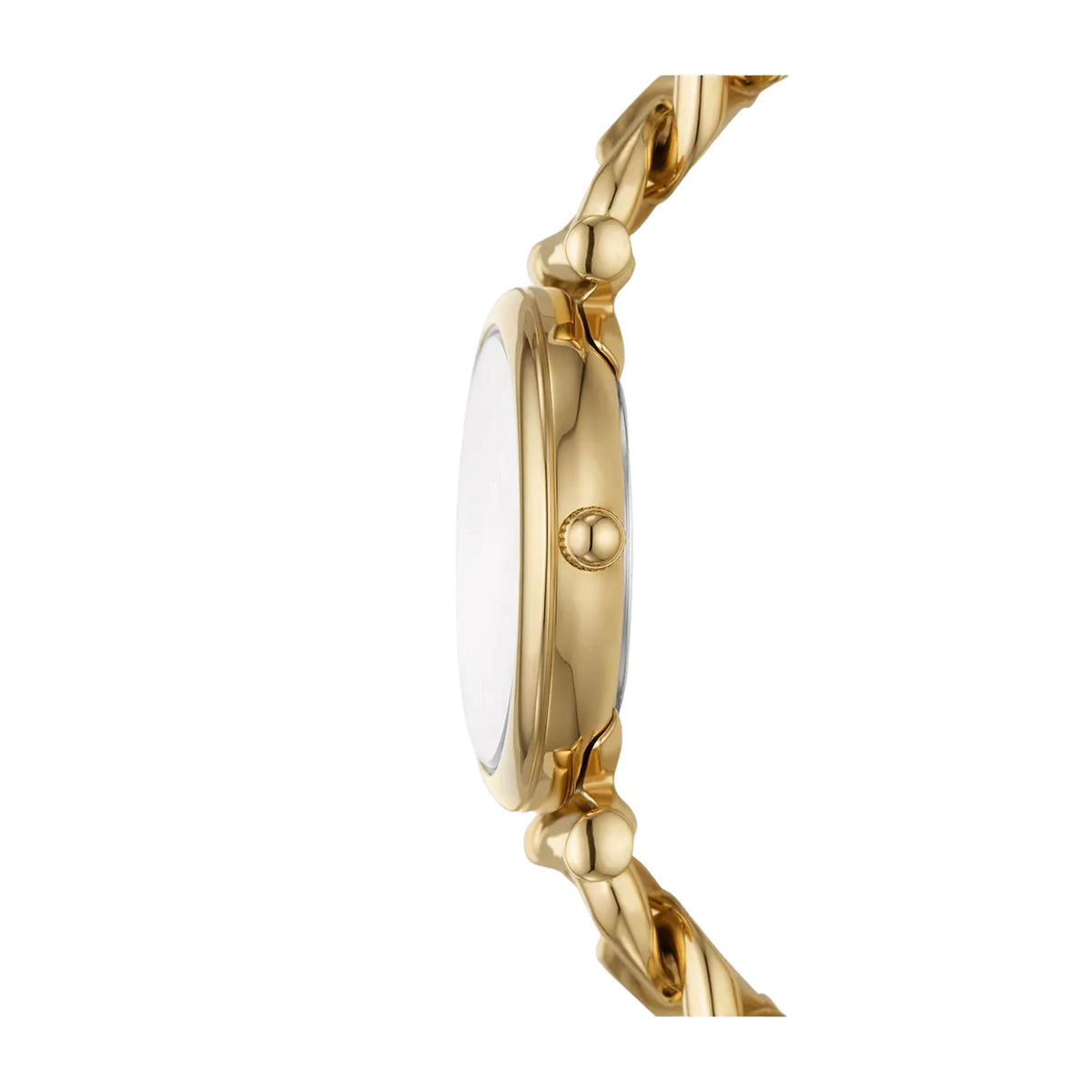 Side view of the Fossil Carlie ES5329 ladies watch detailing the slim gold-tone case profile and rounded crown