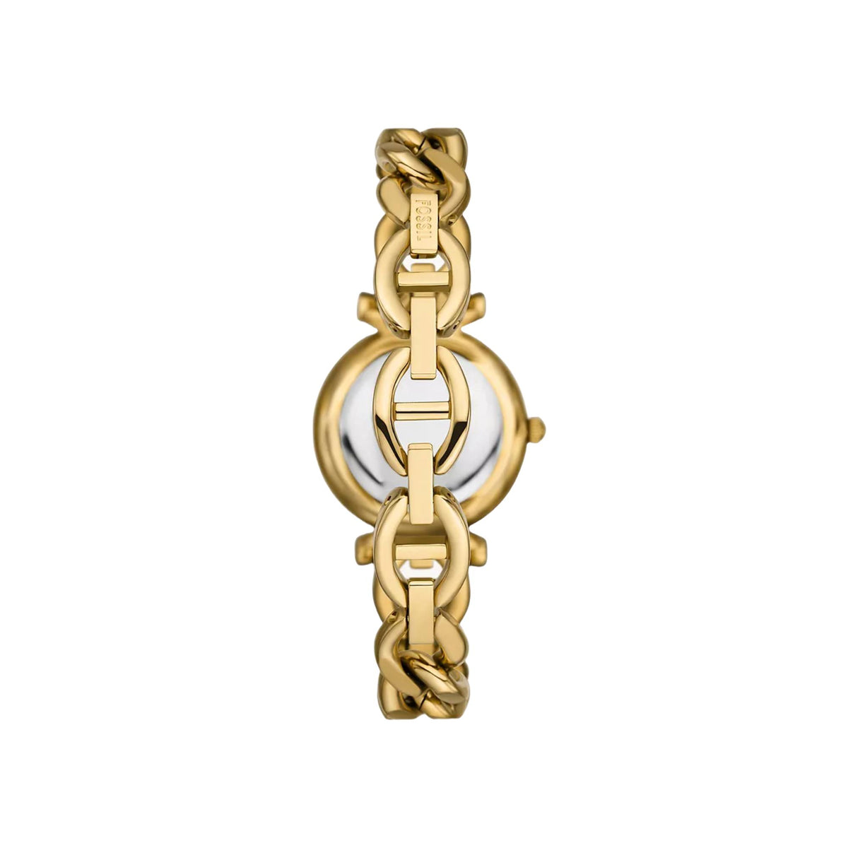 Back view of the Fossil Carlie ES5329 wrist watch highlighting the gold-tone chain links and jewelry clasp closure