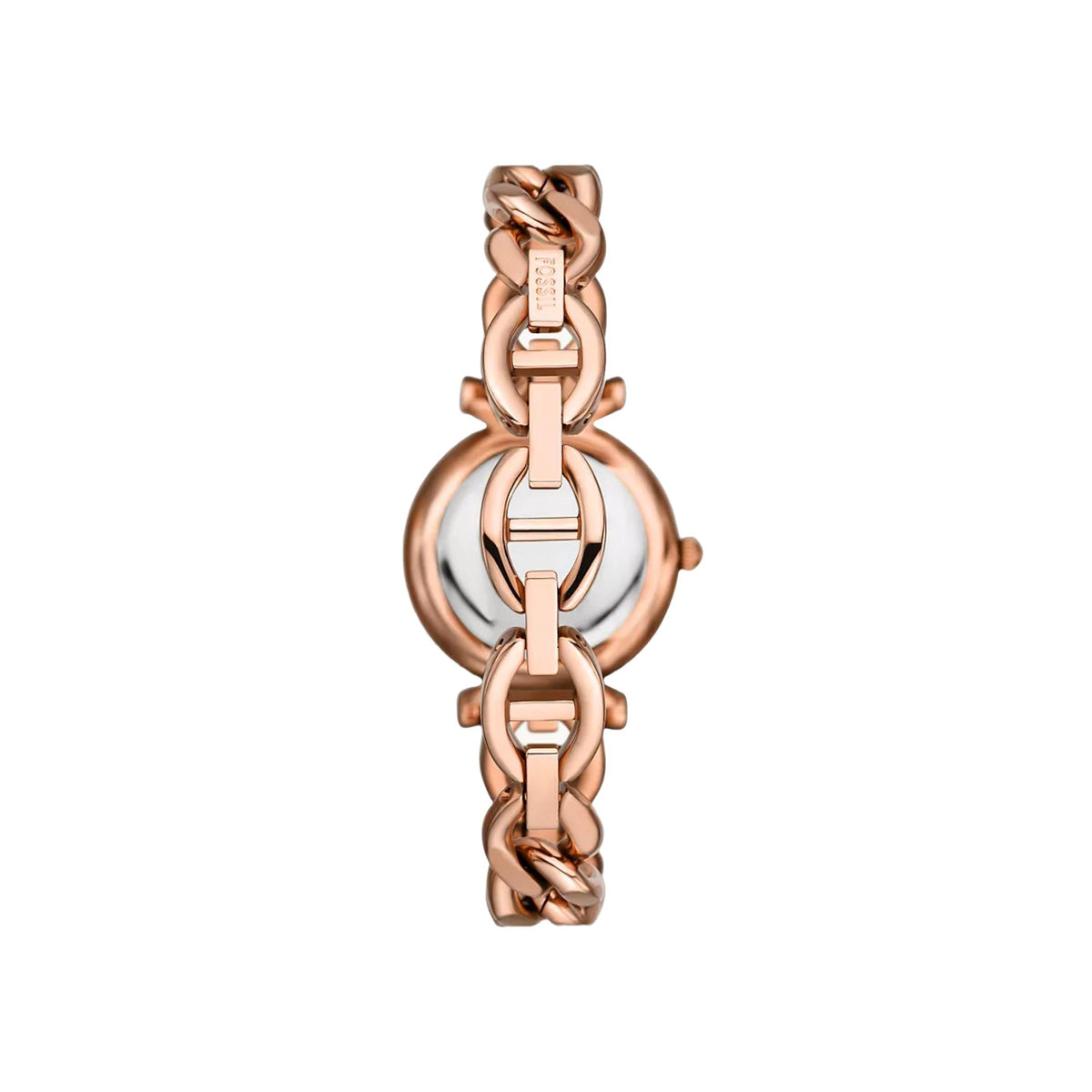 Fossil Carlie ES5330 back view highlighting steel case back and chain link bracelet closure