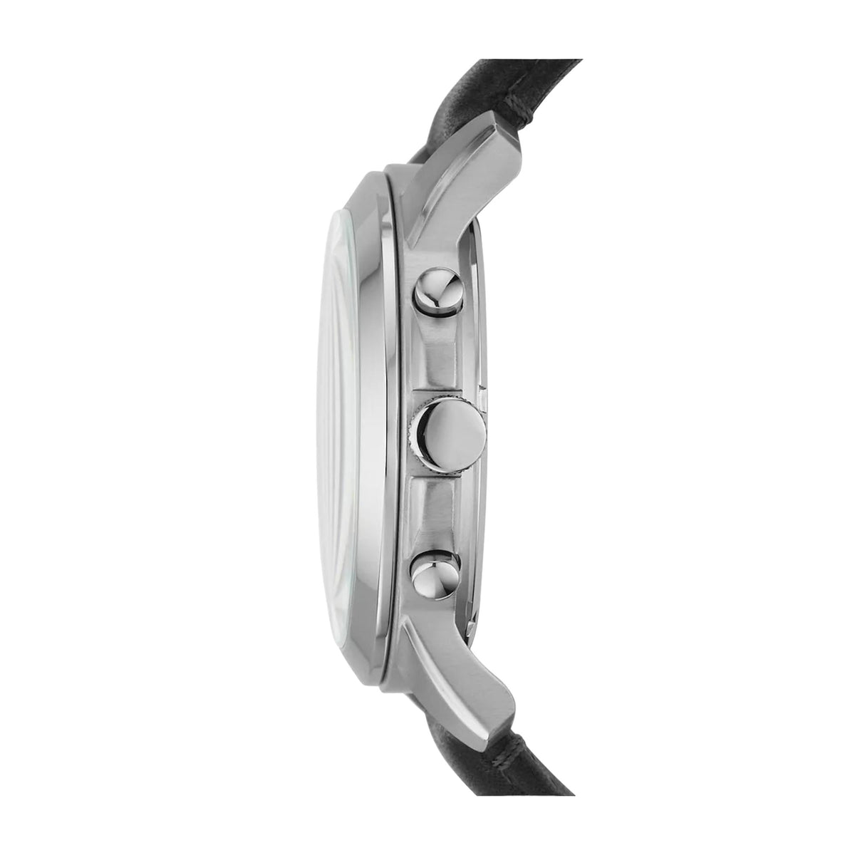 Side profile view of the Fossil Grant FS4812 timepiece highlighting the stainless steel casing, winding crown, and dual pusher controls