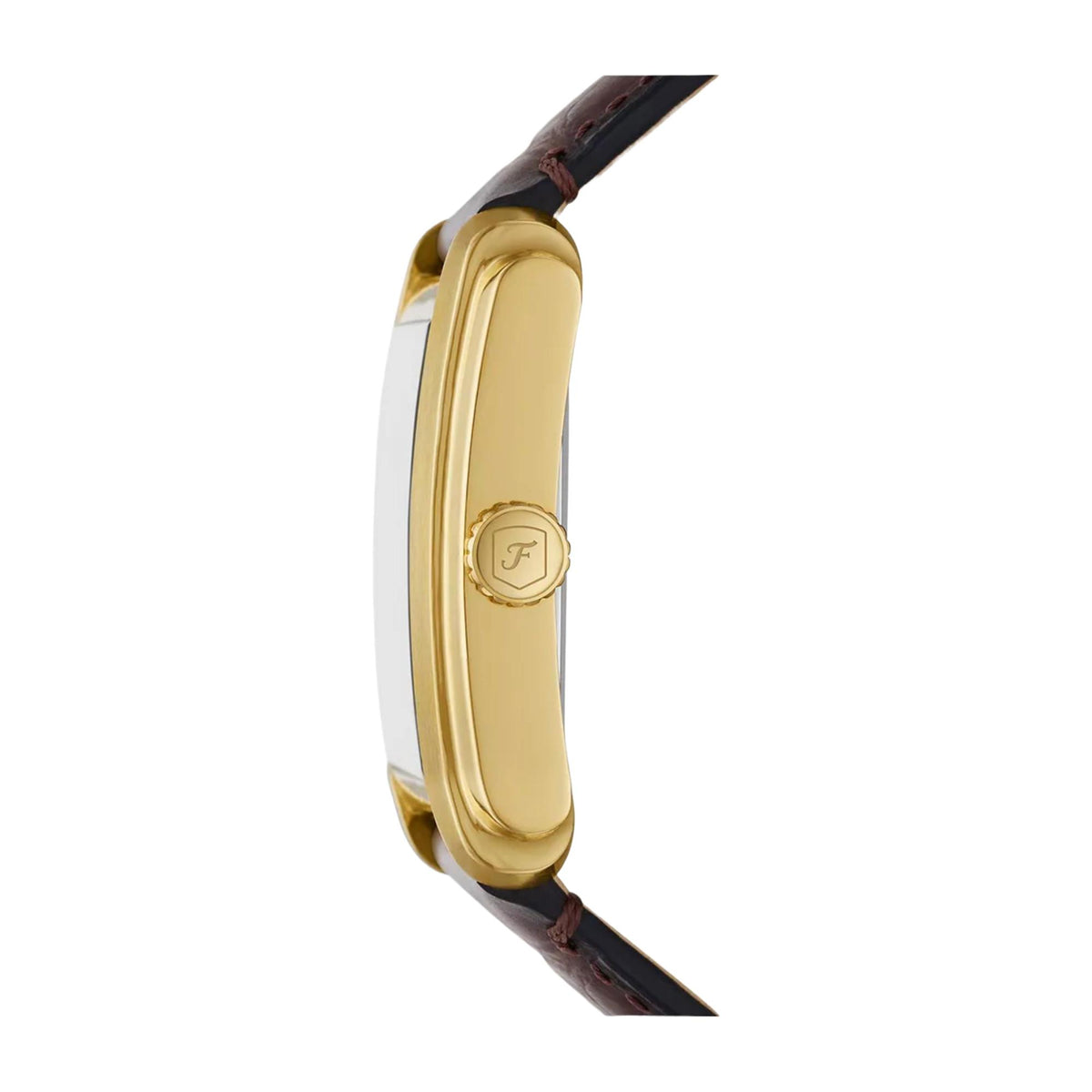 Side angle of the Fossil Carraway FS6011 watch detailing the slim gold-tone case profile and engraved winding crown