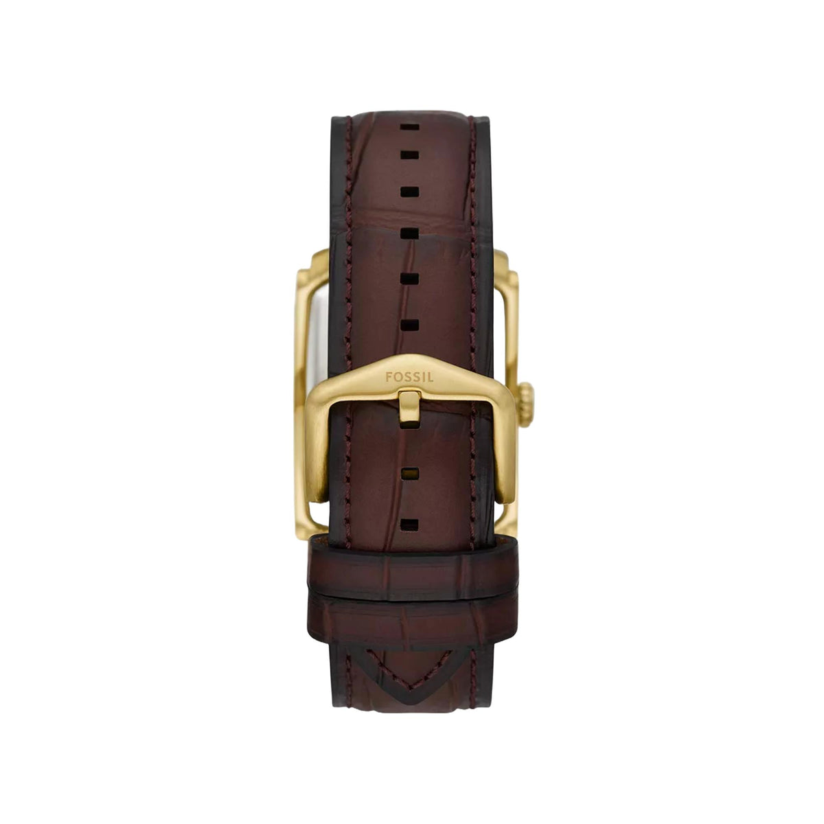 Rear view of the Fossil Carraway FS6011 watch highlighting the brown leather strap and gold-tone pin buckle